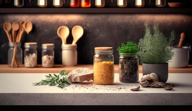 Kitchen counter with cooking ingredients and herbs kitchen soft focus copy space Generative AI