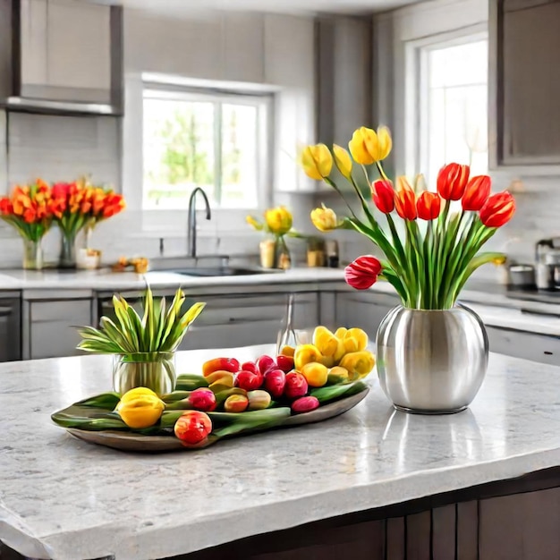 a kitchen counter with flowers and a vase of flowers on it