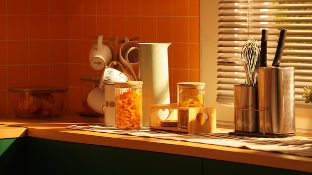 A kitchen counter with a glass container of food and a window with a heart on it.