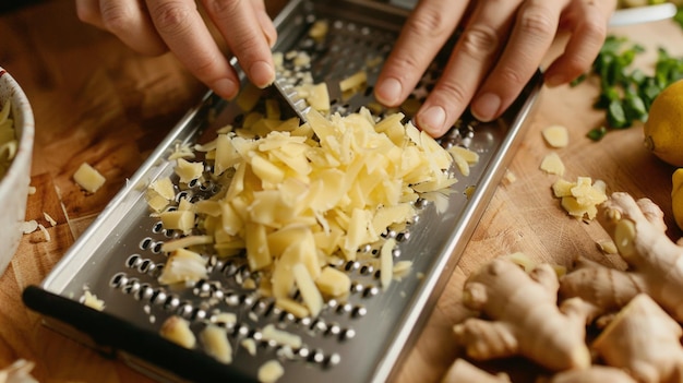 Kitchen counter with hands grating fresh ginger for a recipe