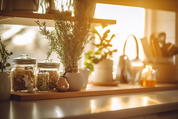 Kitchen counter with jars of herbs and spices