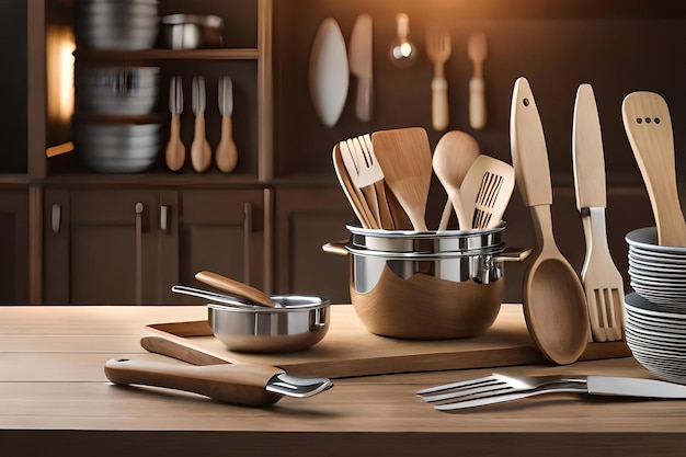 A kitchen counter with many kitchen utensils and a jar of kitchen utensils.