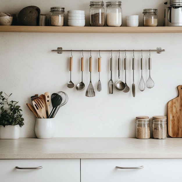 a kitchen counter with many kitchen utensils and utensils