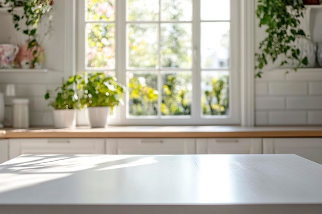 a kitchen counter with plants on it and a window in the background