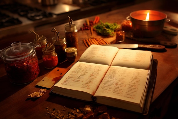 A kitchen counter with a recipe book open to a tikka masala recipe