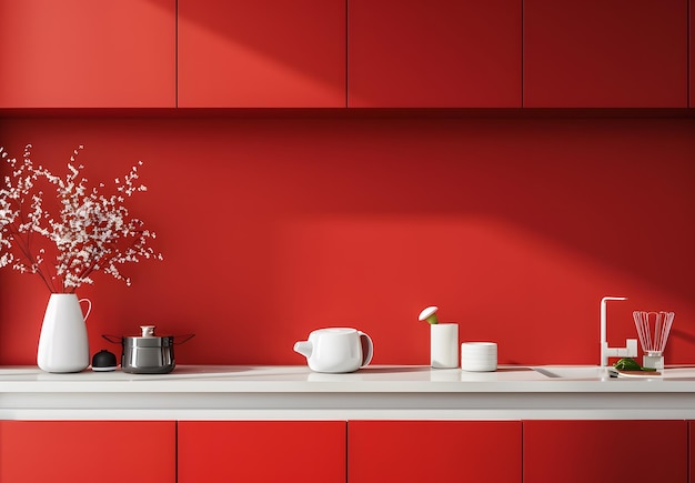 Photo a kitchen counter with red cabinets and white countertop