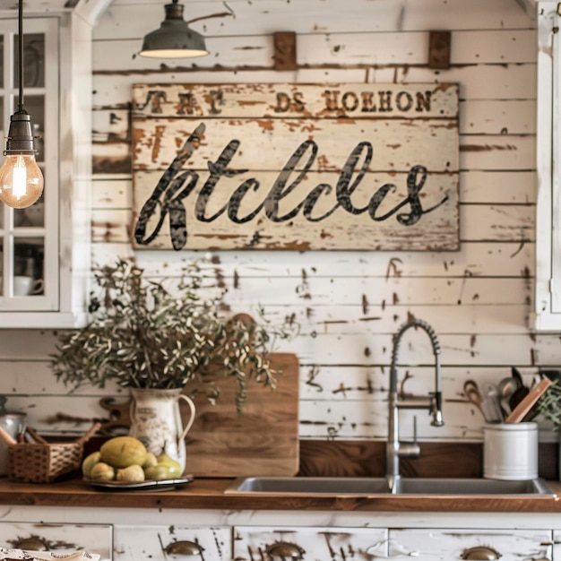 Photo a kitchen counter with a sign that saysaho chiaon it