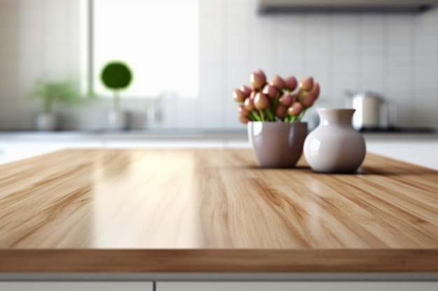 A kitchen counter with a vase of tulips on it