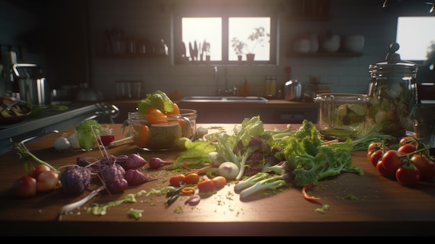 A kitchen counter with vegetables on it and a window in the background.