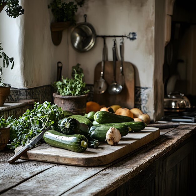 a kitchen counter with vegetables and a knife on it