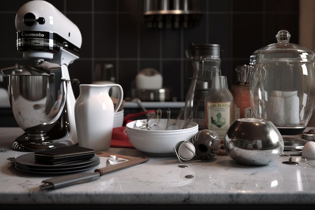 A kitchen counter with a white mixer and a bottle of tea on it.