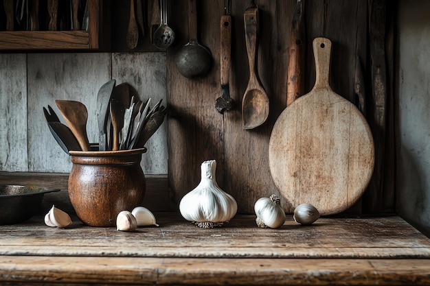 a kitchen counter with a wooden spoon and a pot with a duck on it