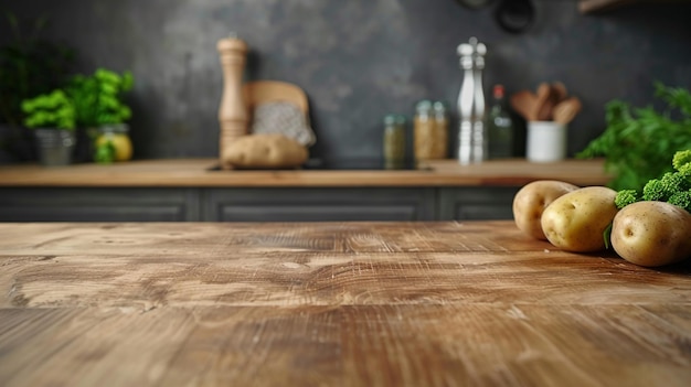 a kitchen counter with a wooden table and a bunch of potatoes on it