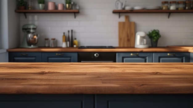 A kitchen counter with a wooden table surface in soft focus