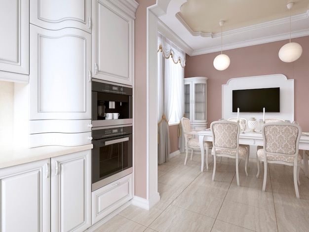 Kitchen-dining room in classic style, in postel colors with white kitchen furniture and built-in appliances. 3D rendering.