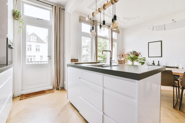 Kitchen and dining zone in modern apartment