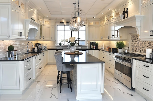 Kitchen European modern style interior design in black and white with neon lighting lamps