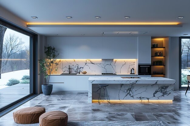 Kitchen European modern style interior design in white with neon lighting lamps