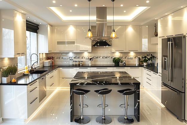 Kitchen European modern style interior design in white with neon lighting lamps