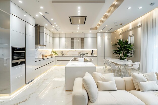 Kitchen European ultra techno modern style interior design in white with neon lighting