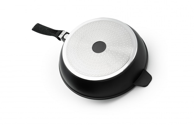 Kitchen frying pan with black plastic handle glass cover isolate on white background