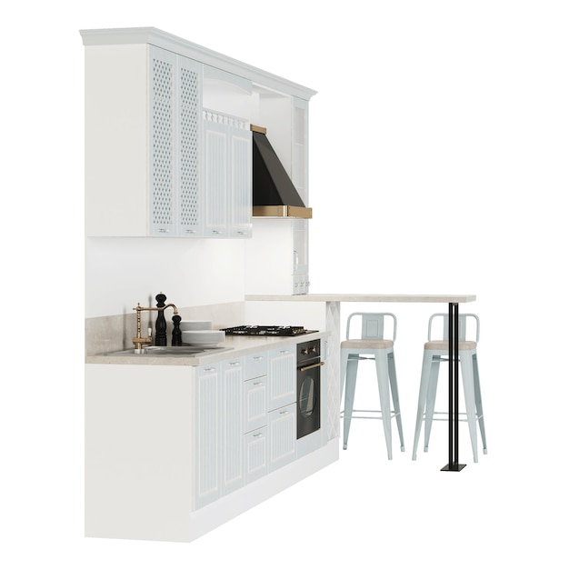 Kitchen. Furniture and kitchen equipment on a white background. Clipping path included. 3D rendering.