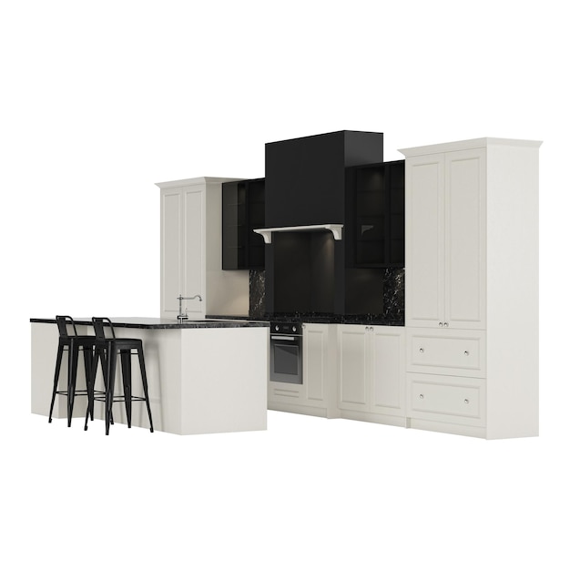 Kitchen furniture in a modern style, isolated on a white background. 3D rendering.