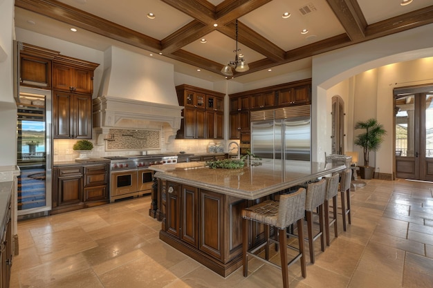 the kitchen has a large island and stainless steel refrigerator