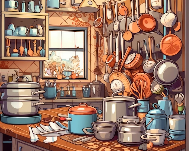 The kitchen has many utensils and cooking tools Illustration Generative AI