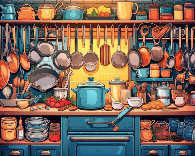 The kitchen has many utensils and cooking tools Illustration Generative AI