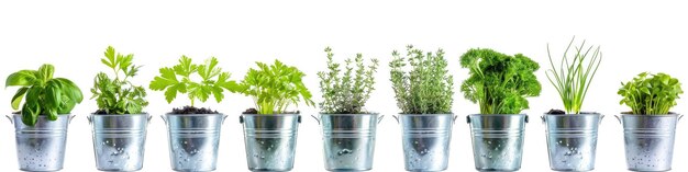 Kitchen Herbs Arranged in Tin Buckets in a Row on White Background Variety of Seven Plant