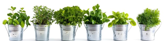 Kitchen Herbs Variety of Fresh Herb Plants in Tin Buckets in a Row on White Background