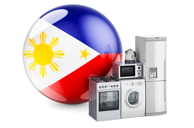 Kitchen and household appliances with Filipino flag Production shopping and delivery of home appliances in Philippines concept 3D rendering