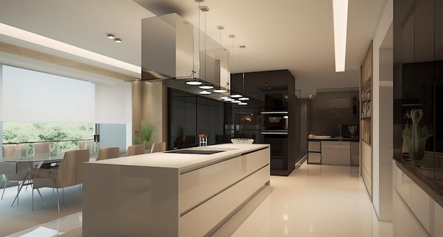 Kitchen interior design in loft style dark colors dark background elements of wood chrome