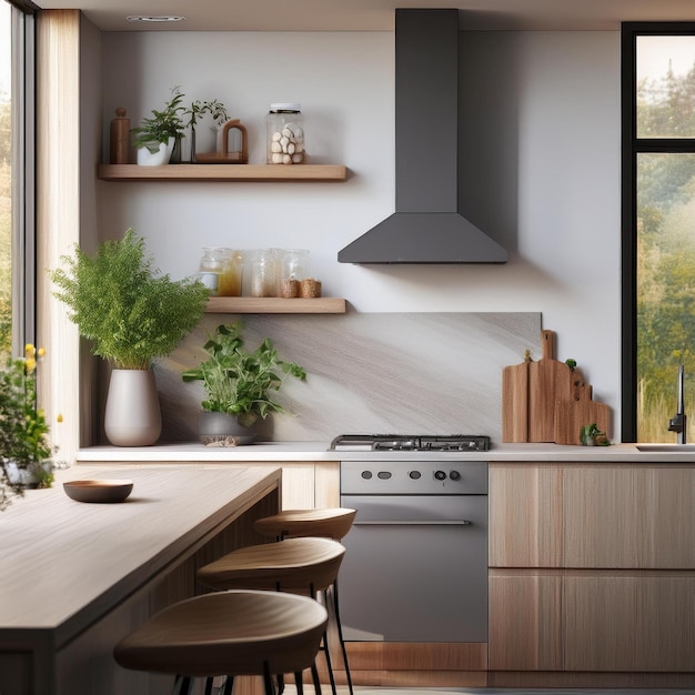 A kitchen interior focusing on a wooden table or countertop in the foreground The table has a natu