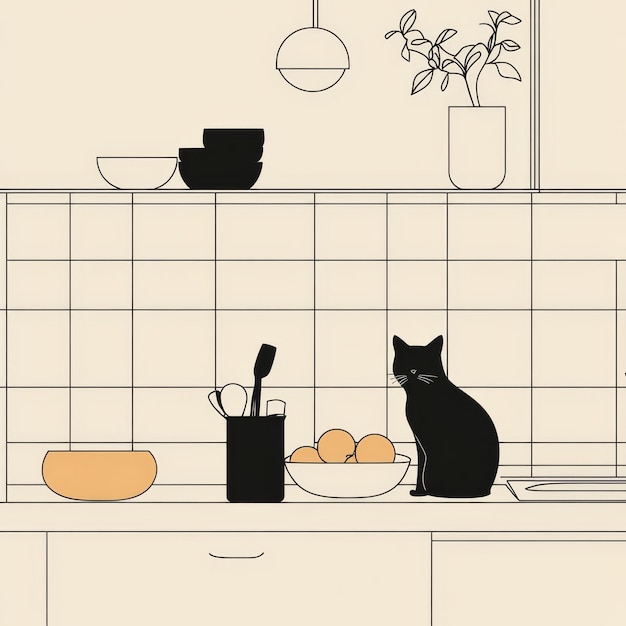 Kitchen interior with black cat Minimalistic vector illustration