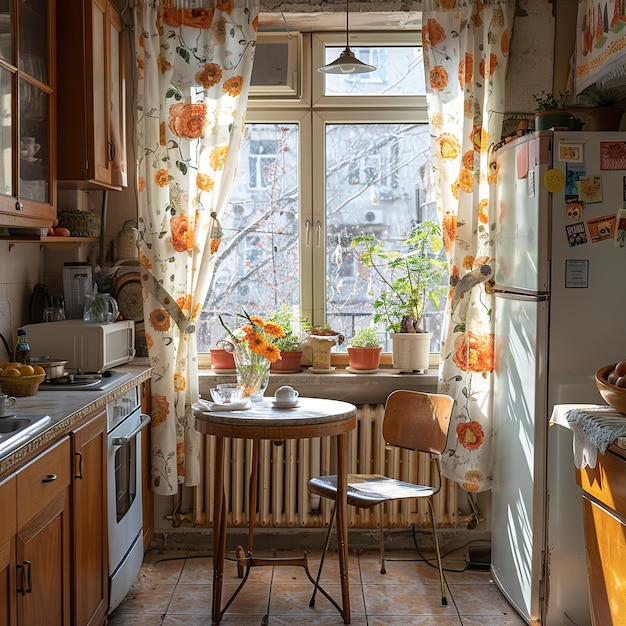 Photo kitchen interior with floral curtains