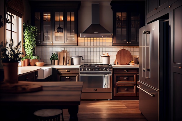 Kitchen interior with furniture and utensilsgenerative ai