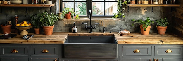 Photo kitchen interior with wooden countertops cooking utensils and fresh produce