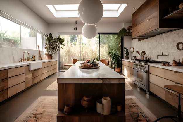 Kitchen interior with wooden furniture in boho style Generative AI 2