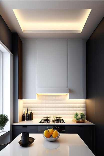 the kitchen is a modern and functional space with a dark kitchen countertop and a light above the sink.