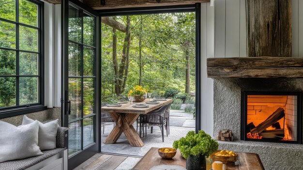 Photo the kitchen is open to the living room and has a wooden table with a wooden top