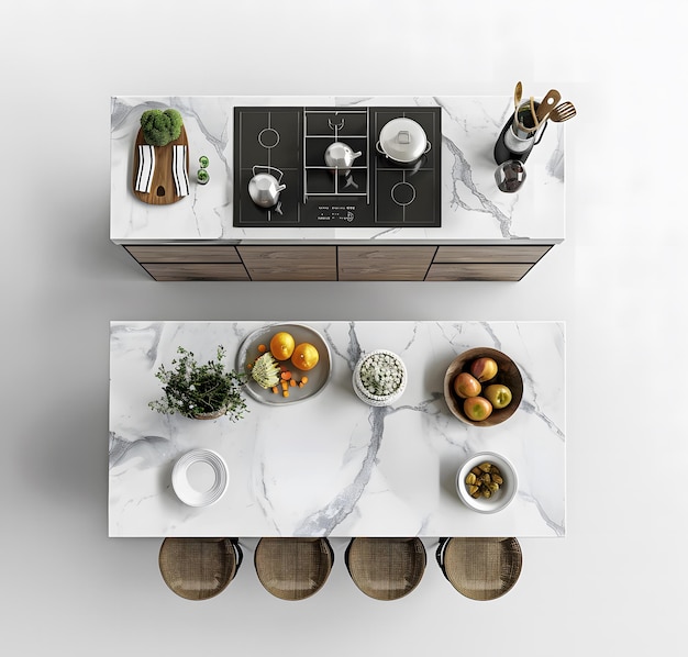 kitchen island with marble countertop top view white background