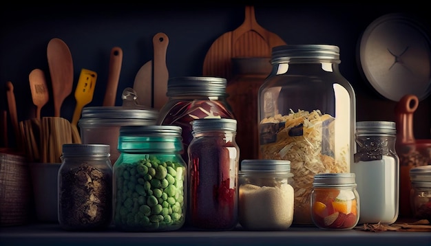 Kitchen jars filled with bulk foods and products reducing packaging waste concept of Reusable Containers and Bulk Shopping Generative AI