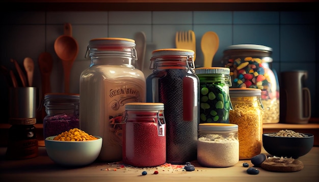 Kitchen jars filled with bulk foods and products reducing packaging waste concept of Reusable Containers and Bulk Shopping Generative AI