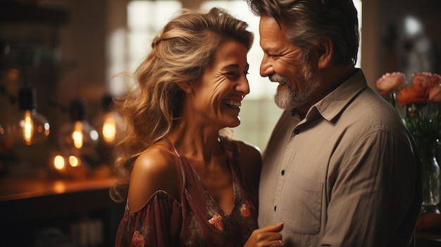 In the kitchen a joyful mature middleaged couple and their parents dance together