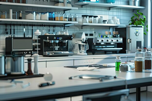 Photo kitchen laboratory setup with multiple appliances and utensils on a large table