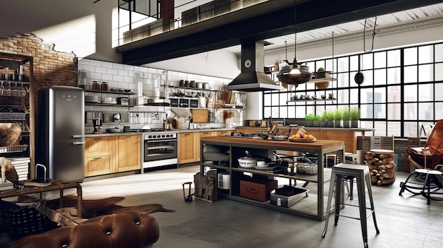 Kitchen in loft Industrial style Ai Generative