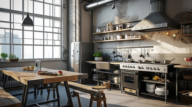 Kitchen in loft Industrial style Ai Generative