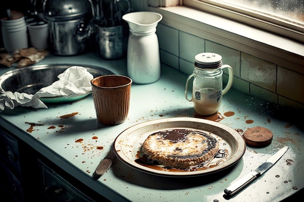 Kitchen mess in clogged sink with leftover food dirty plates and aliances with drops of coffee on ta